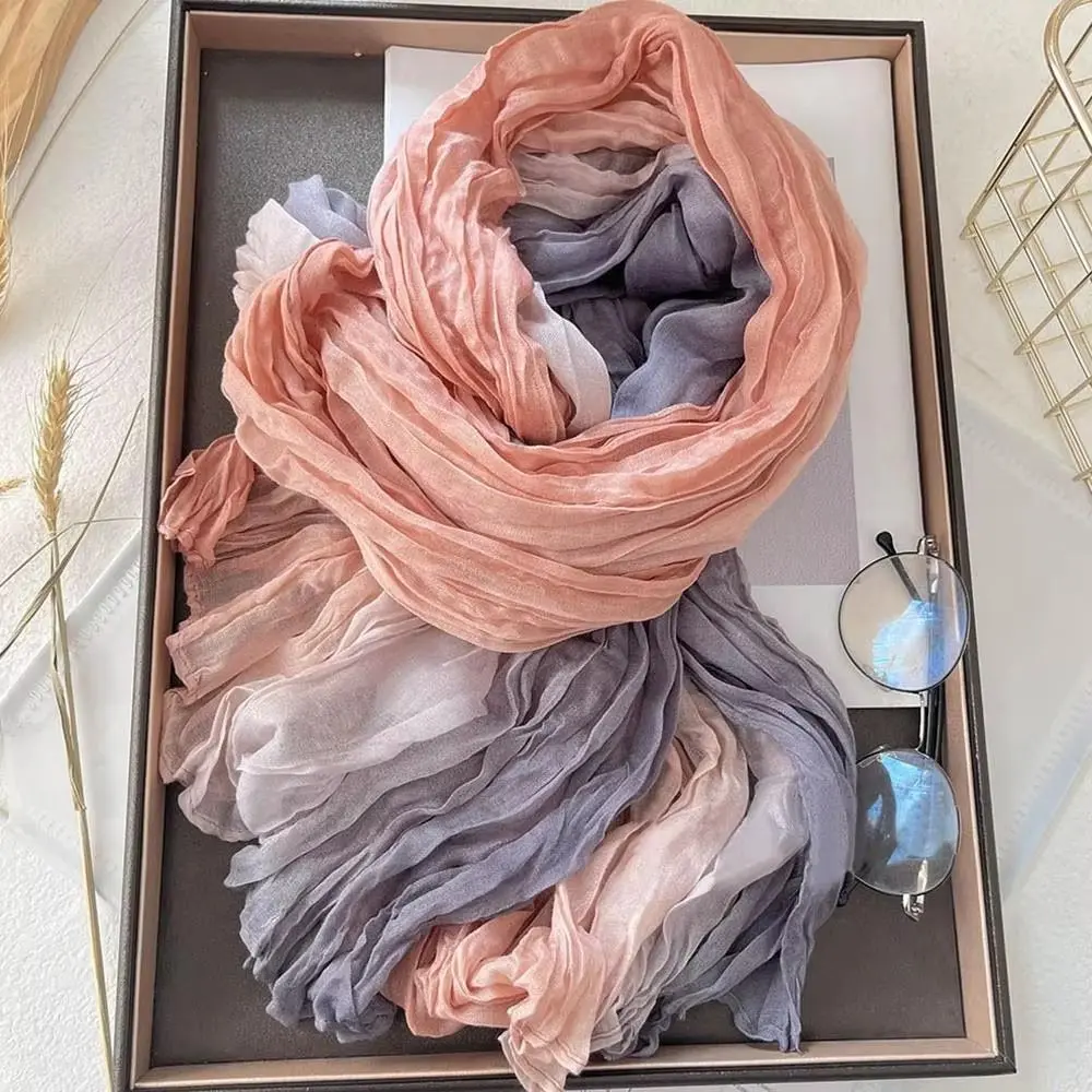 Bohemian Women's Long Pleated Shawl Windproof Warm Bandana Shawl Wraps Color-blocked Lightweight Long Hijab Scarf Outdoor Use