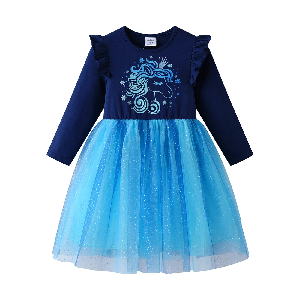DXTON Children Long Sleeve Tulle Dresses School Celebration Toddler Girls Dress-Up Paly Gauze Cotton Kids Dress Cartoon Clothing 4
