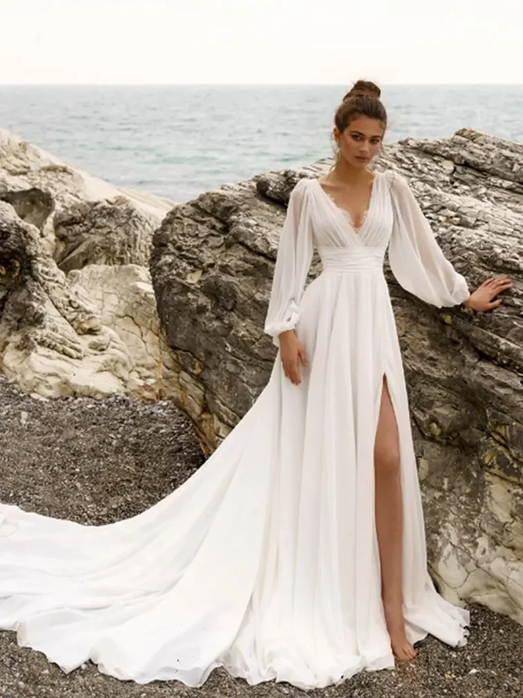 

Sexy High Split Wedding Dress For Women 2024 Bride Beach V-Neck Lace Bridal Gowns Puff Sleeve Robe De Marié Evening Gown