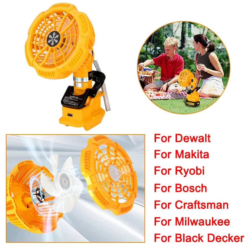 For Makita Milwaukee Bosch Dewalt Ryobi Black & Decker Craftsman 18V Li-ion Battery Fan With Clip USB Household Outdoor Workshop