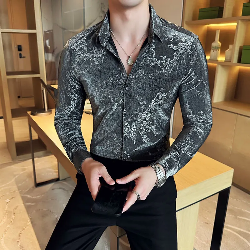 Luxury Velvet Long Sleeved Shirts for Men Autumn Winter Long Sleeve Floral Jacquard Casual Slim Shirt Social Party Tuxedo Blouse
