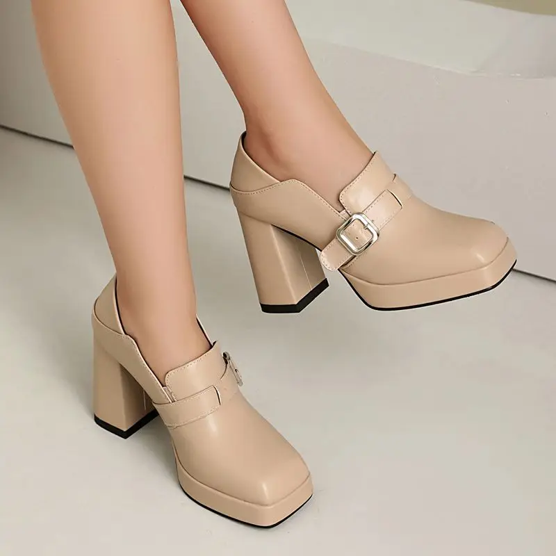 

REAVE CAT Classic Women Pumps Square Toe 9.5cm Chunky High Heels 2cm Platform Slip On Belt Buckle Shoes Size 44 45 46 47 48