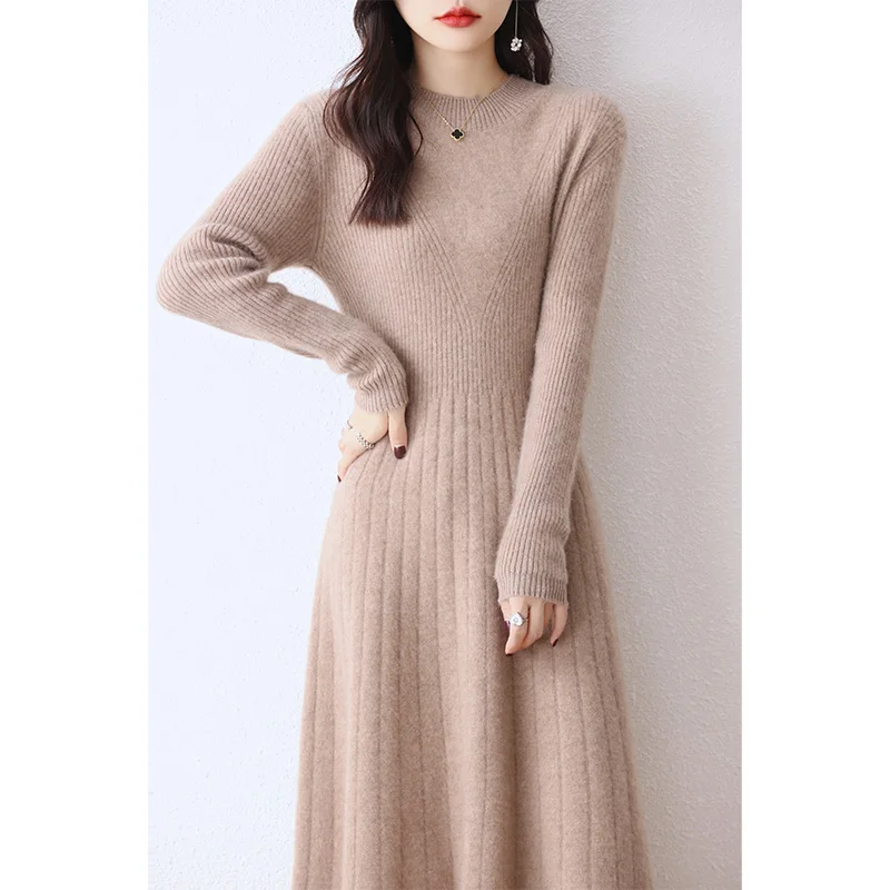 100% pure wool vestido feminino Hot Sale 2023 Winter New Fashion Cashmere Dresses Female O-neck  Wool Clothing DR01