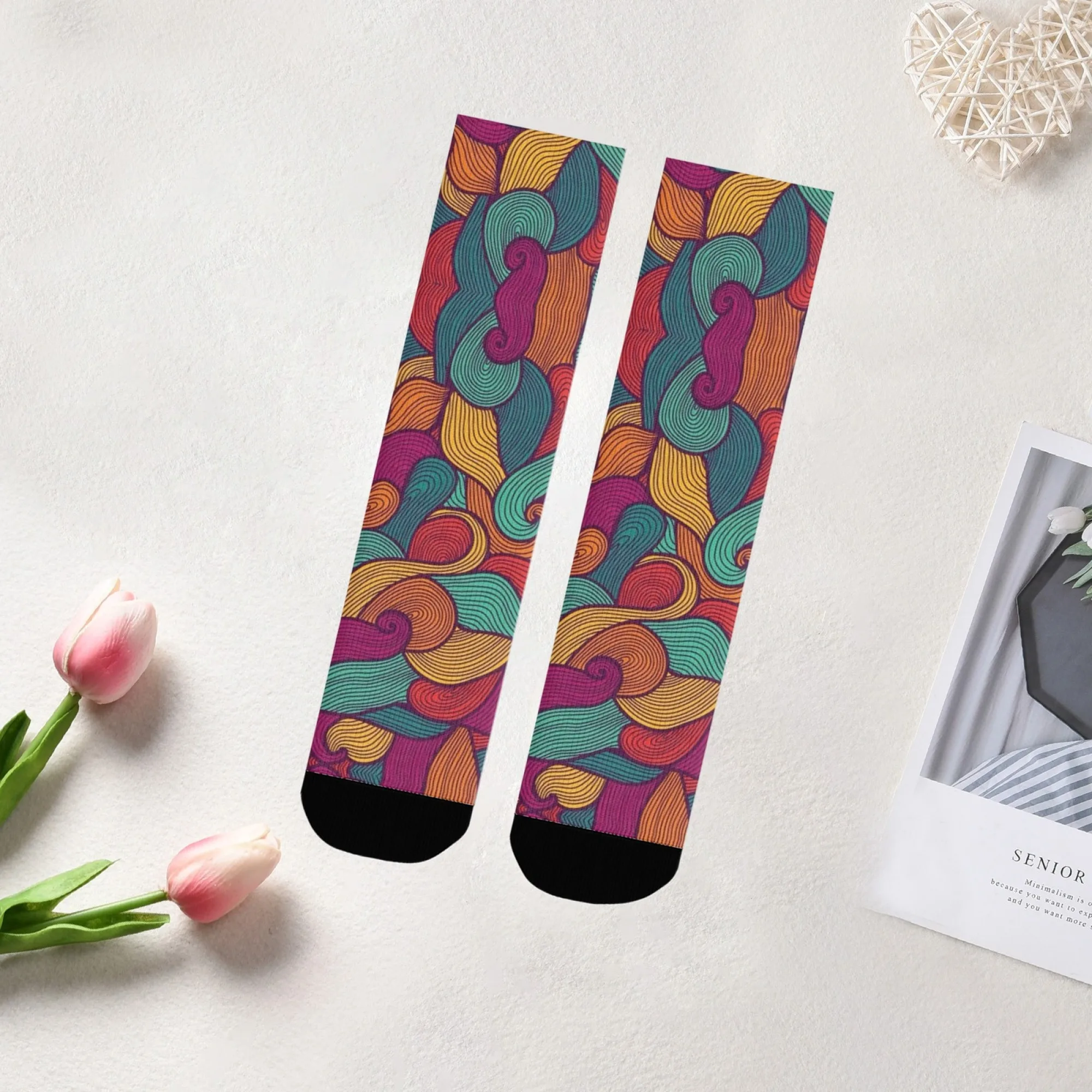 Boho colorido onda tripulação meias vibrante arte abstrata elegante essencial para grátis spirited looks festival roupas e moda eclética