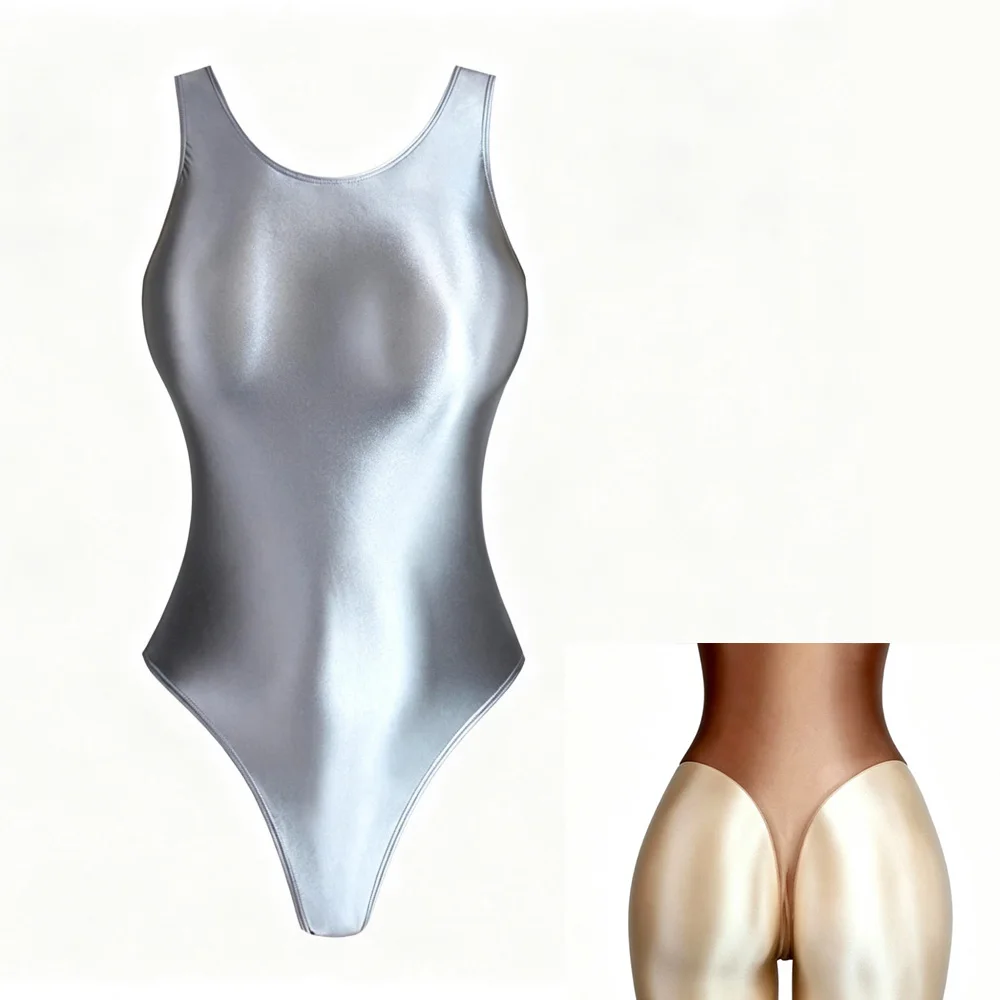 Sleeveless Shiny Metallic Women Gymnastics Leotard U‑Neck High‑Cut Bodysuit for Performance Training Aerobics Competition Dancew