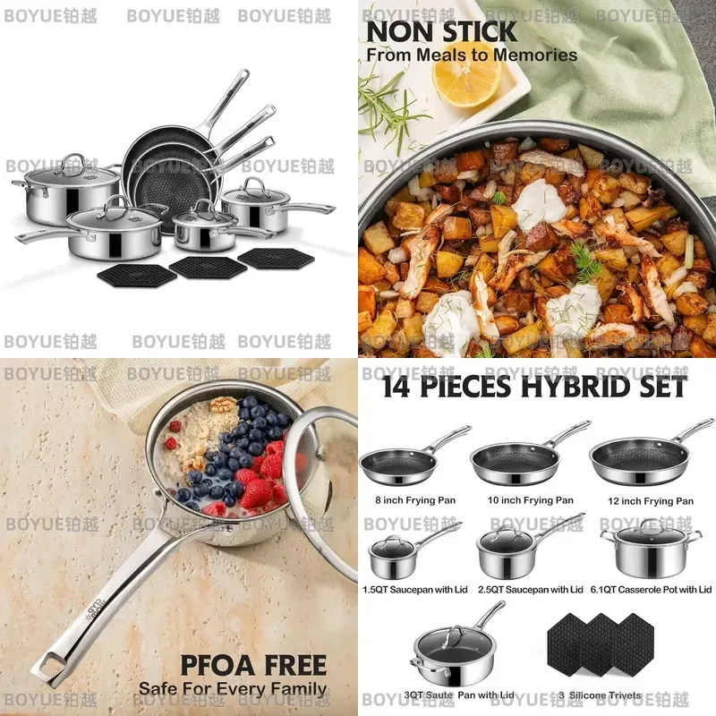 14 Piece Hybrid Stainless Steel Cookware Set Non Stick Frying Pan Saucepan Saute Pot Kitchen Cooking Pots and Pans Collection