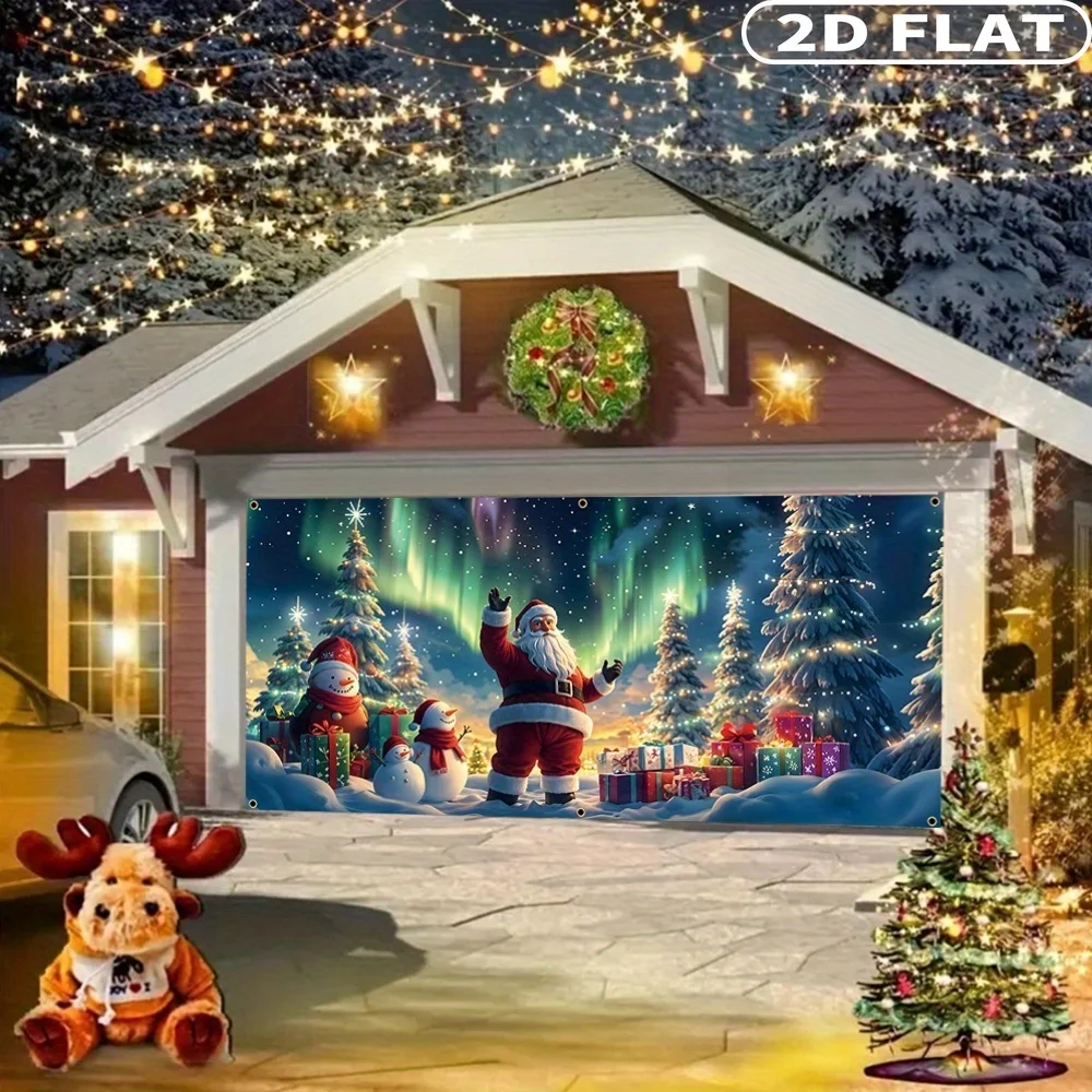 1 قطعة لافتة باب المرآب الكبيرة لعيد الميلاد ، الخلفيات والافتيات الاحتفالية ، البوليستر أورورا والسماء المرصعة بالنجوم سانتا كلوز مشهد الثلج #3