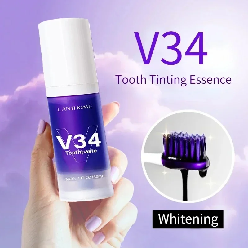 ﻿ V34 Pro Purple Teeth Whitening Toothpaste Remove Plaque Stains Reduce Yellow Mousse Clean Oral Hygiene Dental Tools Fresh Brea