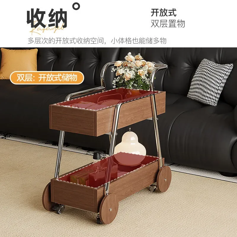 Vintage Solid Wood Side Table with Wheels Mobile Storage Cart for Living Room Sofa Edge Narrow Space Organizer Rack Rustic