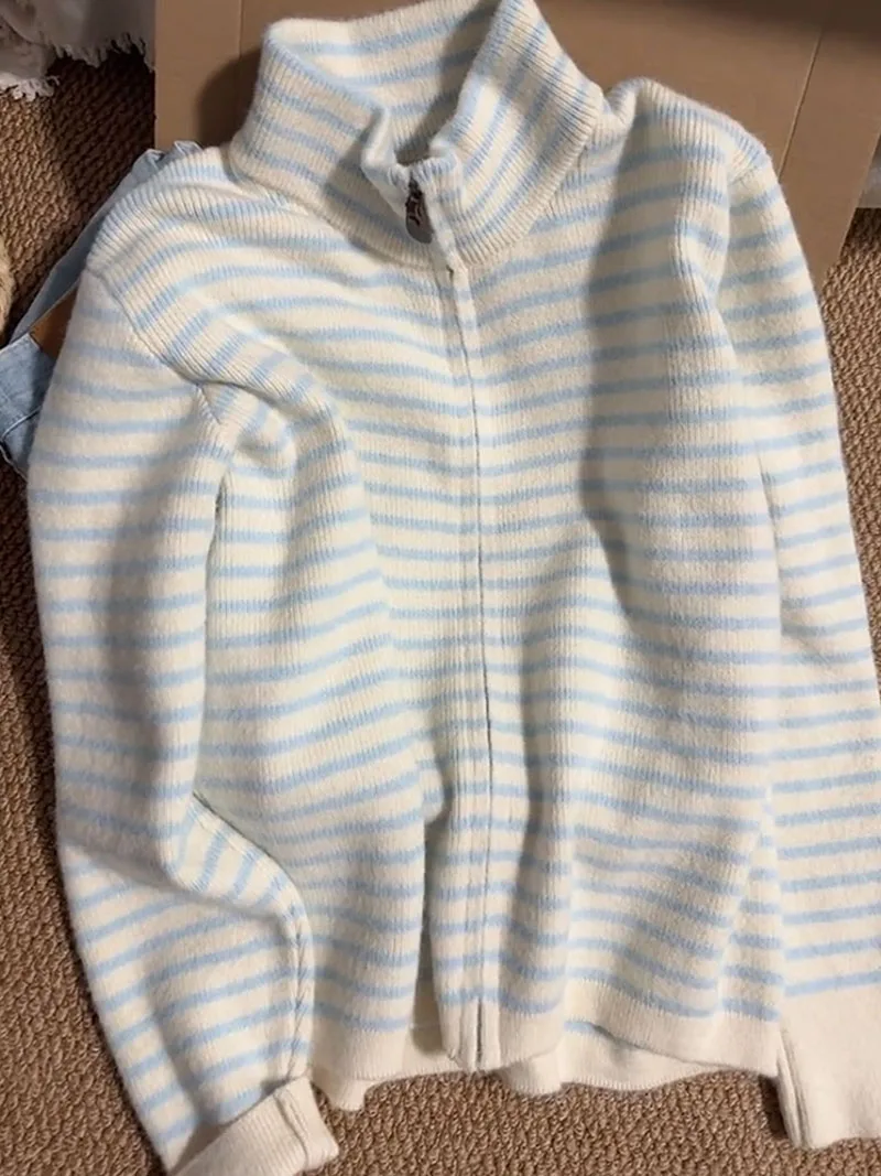 Color Blocking Striped Sweater For Women Temperament Stand Collar Zipper Knitted Cardigan Chic Long Sleeve Warm Knit Tops