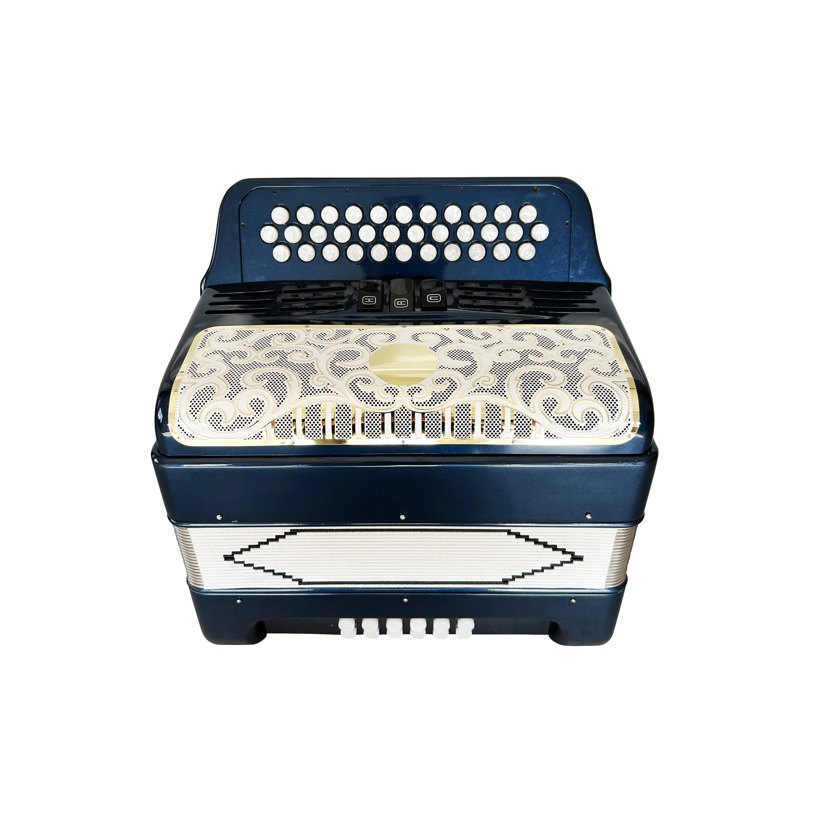

Professional 12 Bass 34 Buttons 3 Registers Deep Blue Accordion JB3412C White Gold Grill White Buttons Diatonic Style