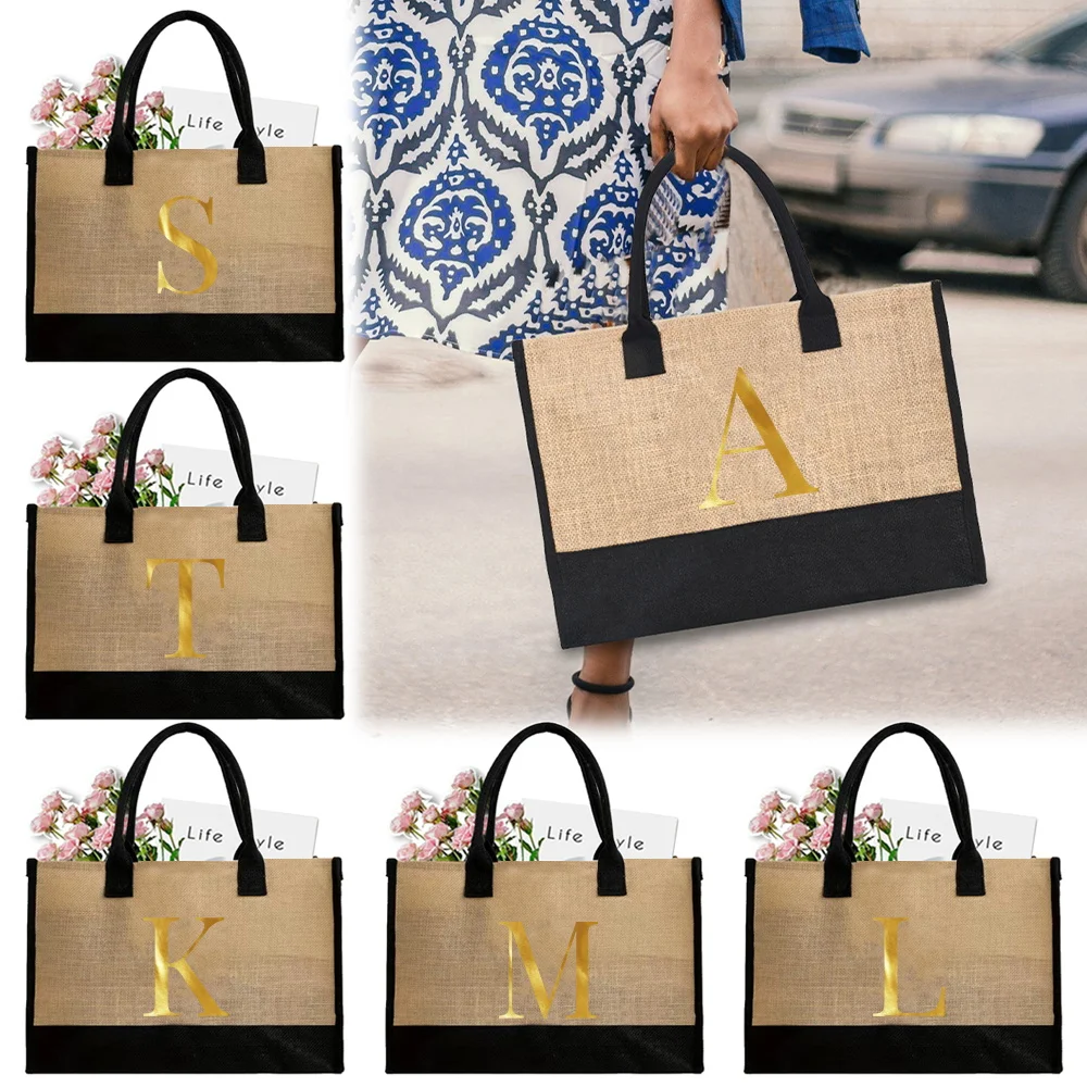 

Linen Shopping Bag Reusable Eco-friendly Handbag Multiple Styles Letter Printing Series Large Capacity Casual Commuting Pouch