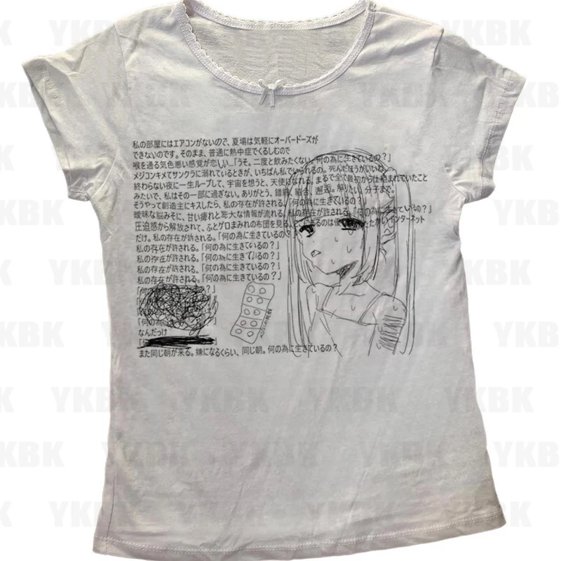 جرافيك هاراجوكو طباعة رسالة أنيمي كم طويل المرأة تي شيرت 90s الملابس خمر النساء الإناث Trashy Y2k 2000s بلايز القوطية