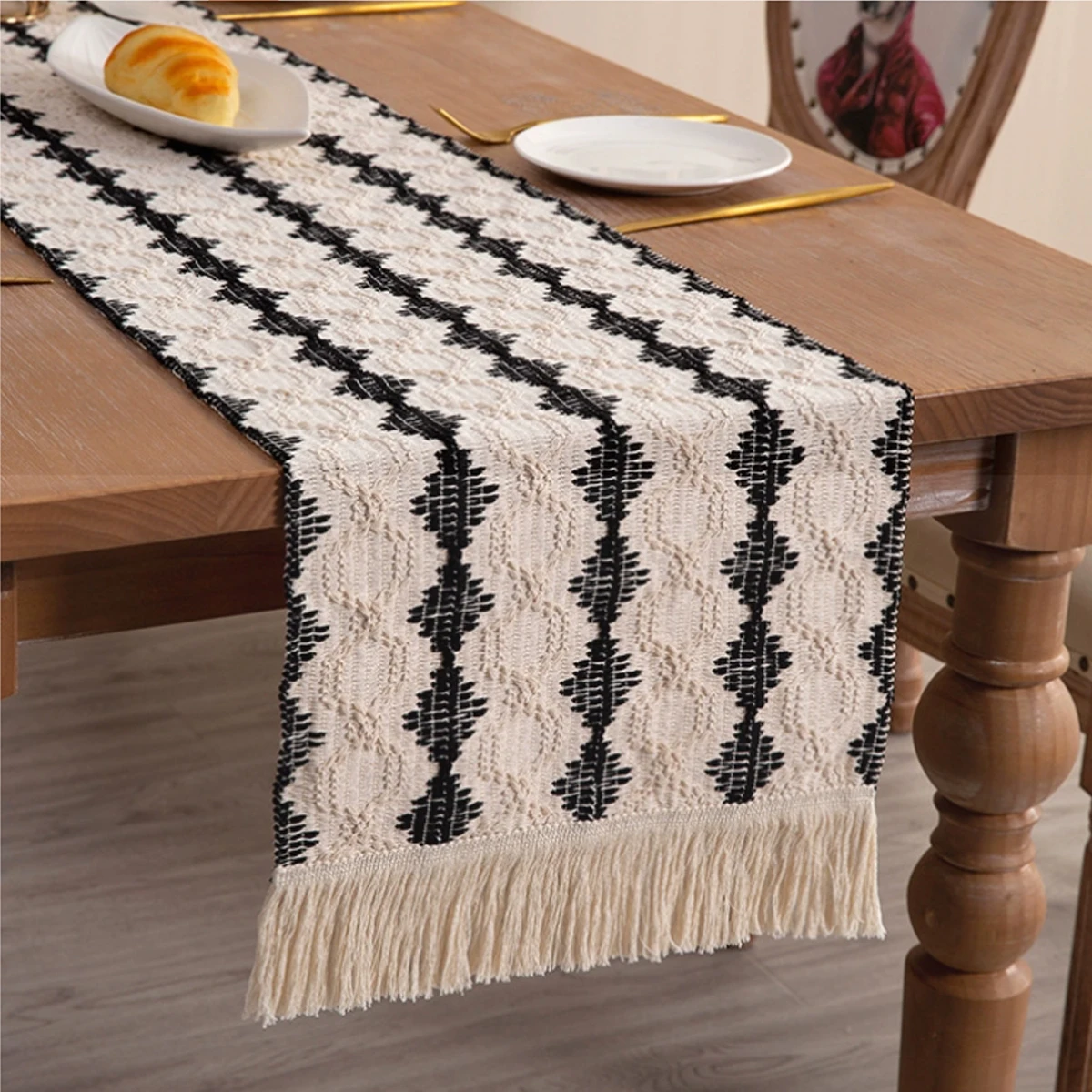 Dining Home Decor black alternating white table flag cotton and linen tablecloth handmade tassel tea mat home long decorative