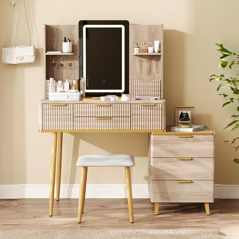 7-Drawer Vanity Desk with LED Mirror and Carved Details, Fluted Makeup Table with Metal Legs and PU Stool, Elegant Dressing