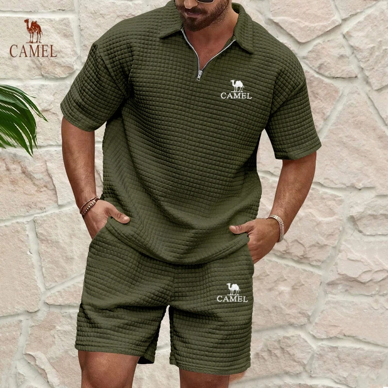 Summer Men's High-quality Embroidered Waffle Grid Two-piece Set, Fashionable and Casual Multifunctional Sportswear Top