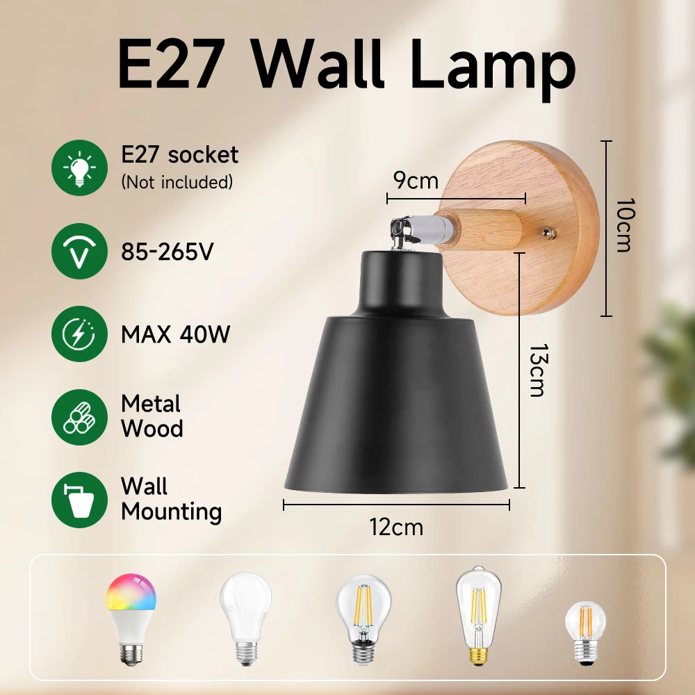 Wall Lamp E27 Wooden Base Wall Light Room Macaron Home Interior Decoration Lamp 110-220V Wooden Base 40W Light