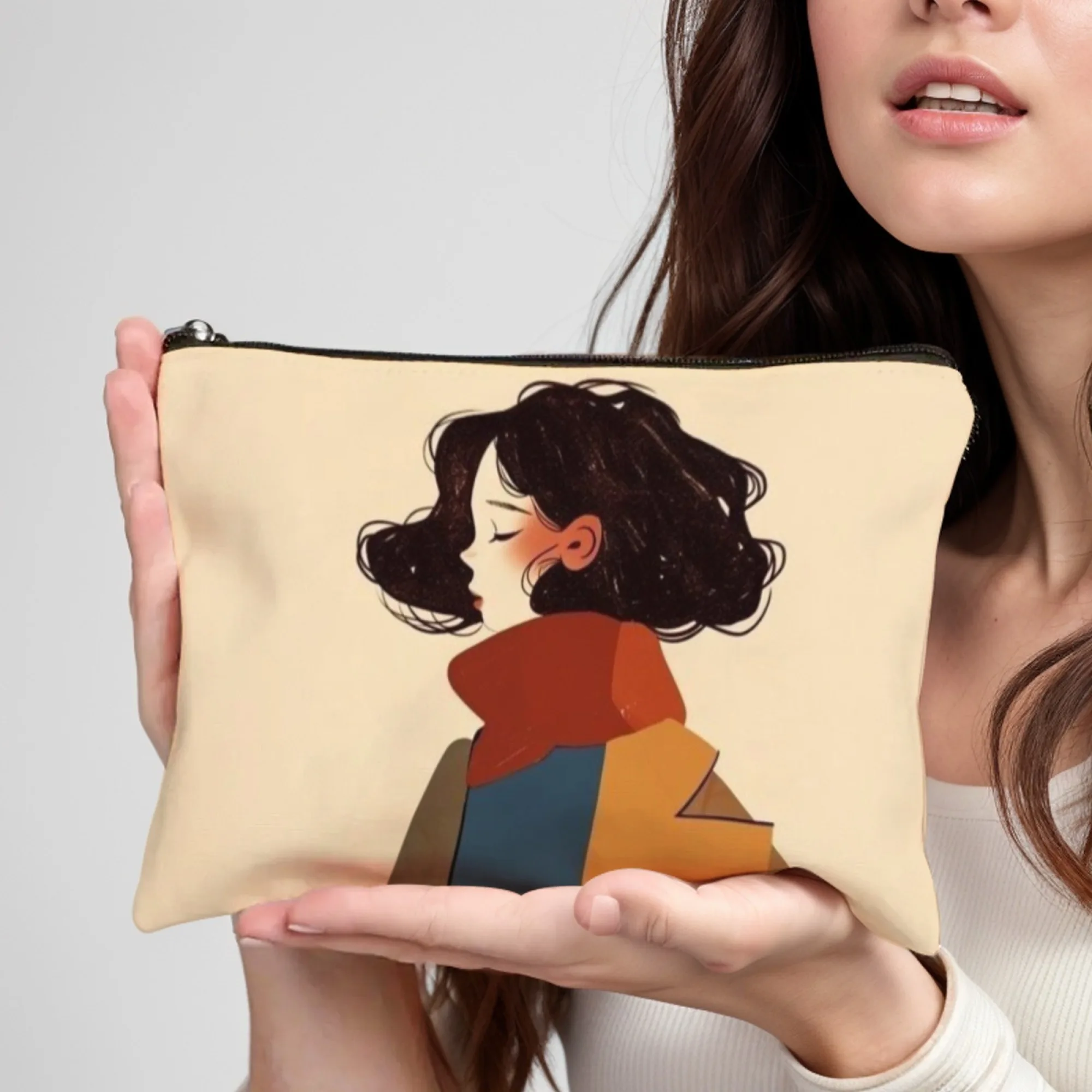 

Retro Short-haired Girl Makeup Bag Lightweight Portable Cosmetic Case With Zipper Closure Ideal For Women Birthday Gifts