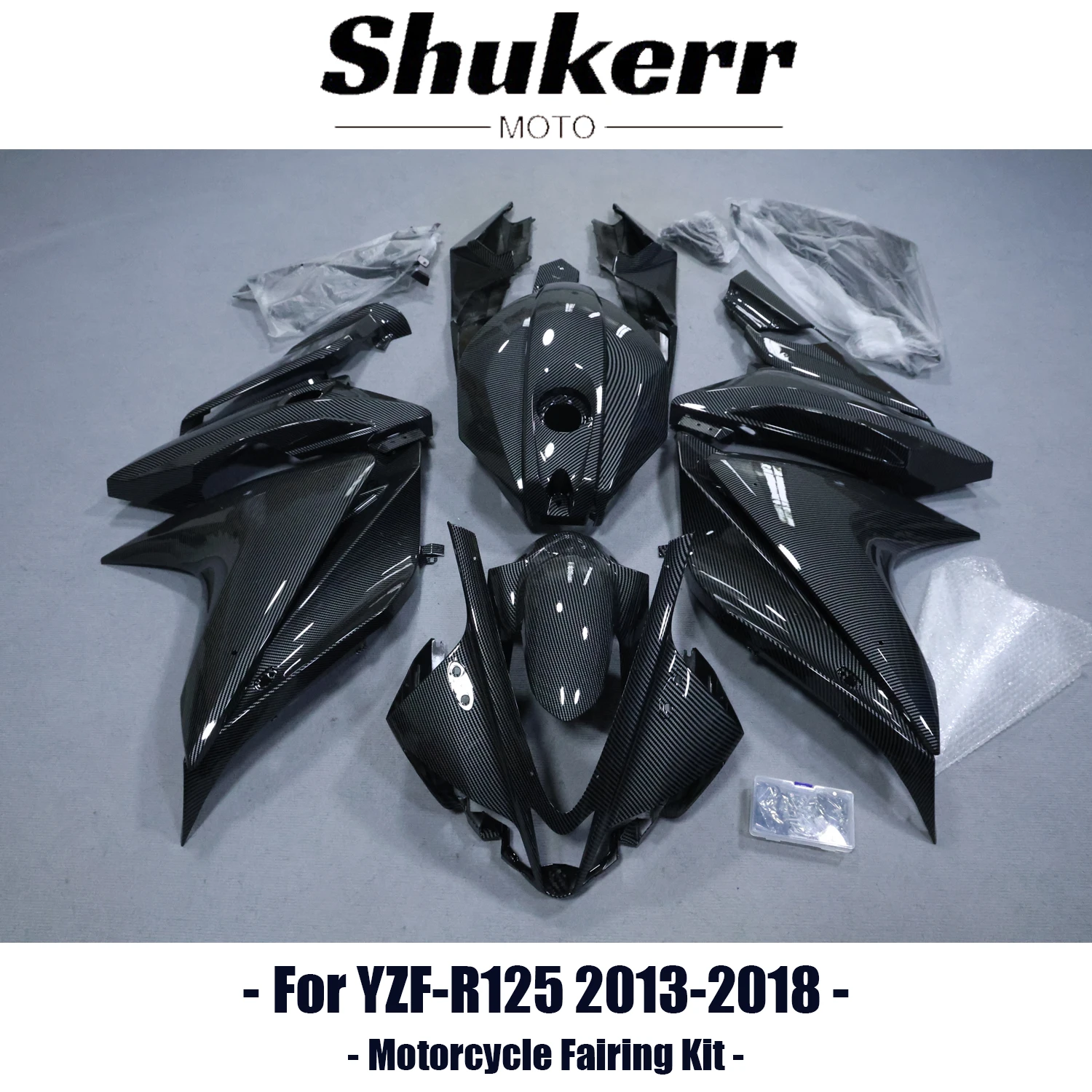 Kit Carene in Plastica Effetto Fibra di Carbonio per Yamaha YZF R125 YZF-R125 2014-2018, Kit Pannelli Carrozzeria Stampati a Iniezione, Nero