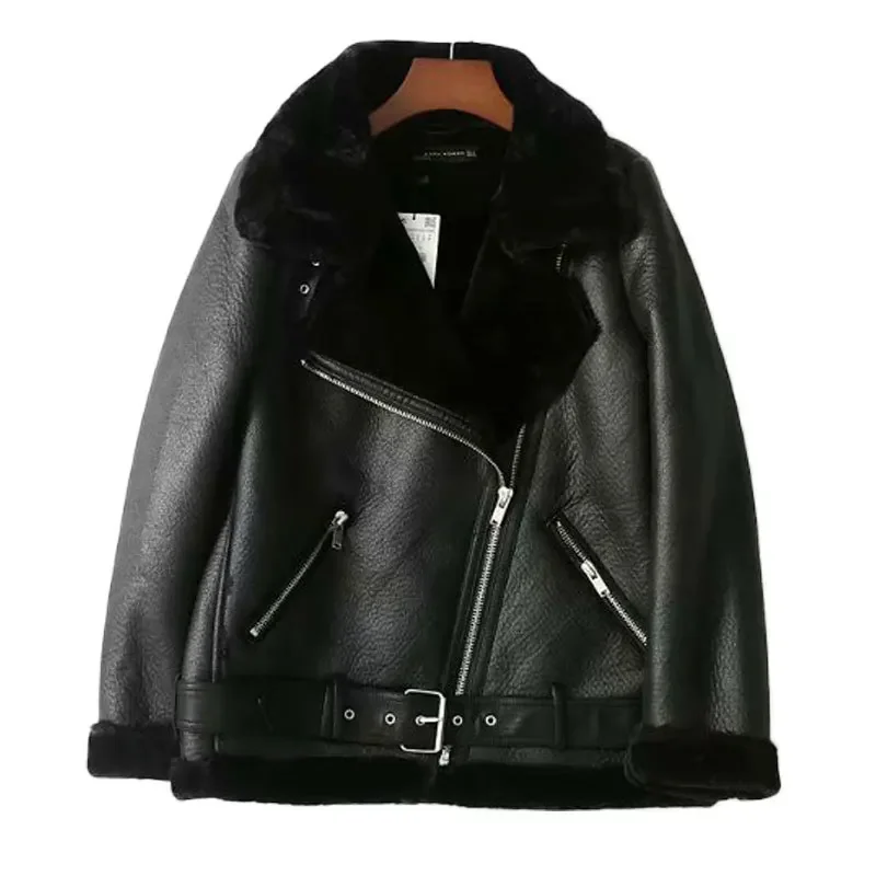 Zimowe kobiety gruba skóra PU ciepła zamszowa kurtka jagnięca płaszcze motocyklowe Faux Shearling Biker kurtki ze skóry owczej znosić