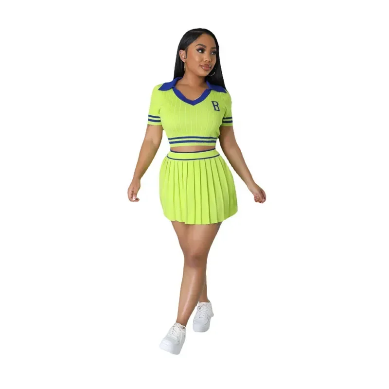 Fashion Knit Women Striped Pleated Skirts Set and Polo-collar T-shirt 2024 Summer Tennisball Two 2 Piece Outfit Dress