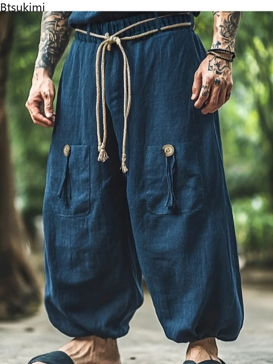 

Summer New Men's Casual Cotton Linen Lantern Pants Elastic Waist Solid Baggy Pants Ethnic Style Vintage Trousers Male Streetwear