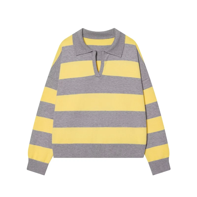 سترة نسائية مخططة برقبة بولو - بلوزة متماسكة بأكمام طويلة وكتلة ألوان عتيقة، طراز Y2K Preppy