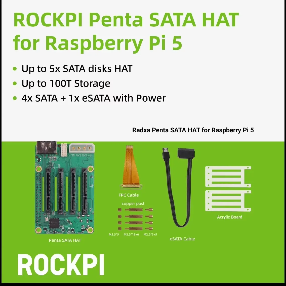 VoFSROCKPI Penta SATA HAT - Up To 5x SATA Disks HAT For Raspberry Pi 5 And ROCK Pi SBCs,3C,5A, 4A / 4B / 4SE / 4A+ / 4B+ / 3A