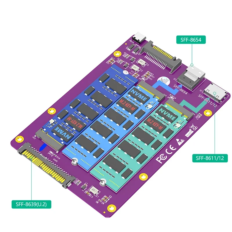 Adaptador 3 em 1 M.2 SSD NVME para U.2 SFF-8639 + NVME para SFF-8611/12 + NVME para SFF-8654 SATA/Tipo-C Fonte de alimentação para 2230-2280 M2 SSD