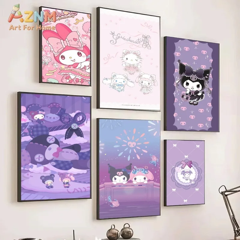 Sanrio My Melody Canvas Wall Art Unframed Print 50th Anniversary Big Bow Sweet Cartoon Poster for Bedroom Dorm Home Interior Wal