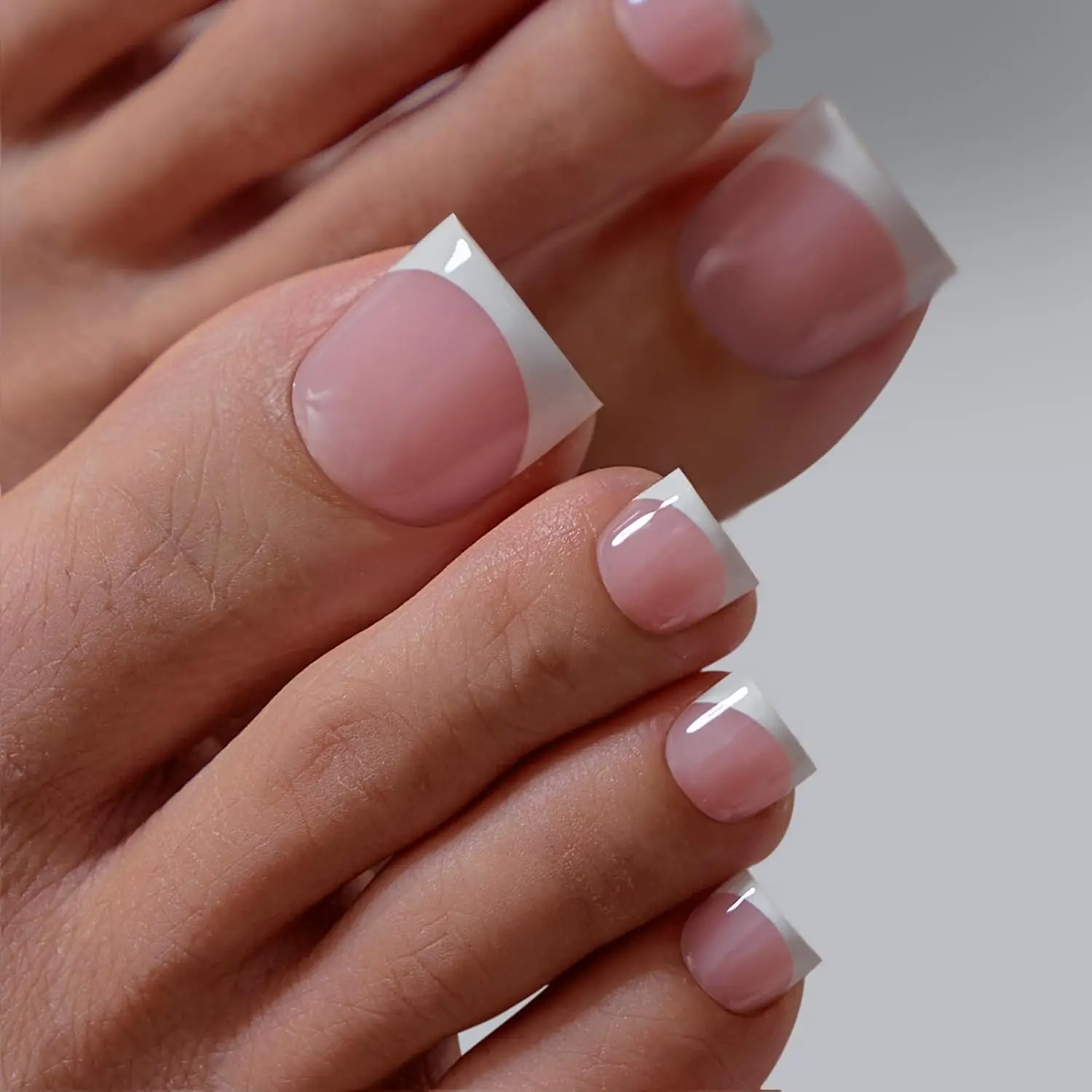 

Lamp-Curable Sharp Square Press On Toenails - Semi-Transparent French Tip, 15 Sizes, 30 Pcs Kit with Glue