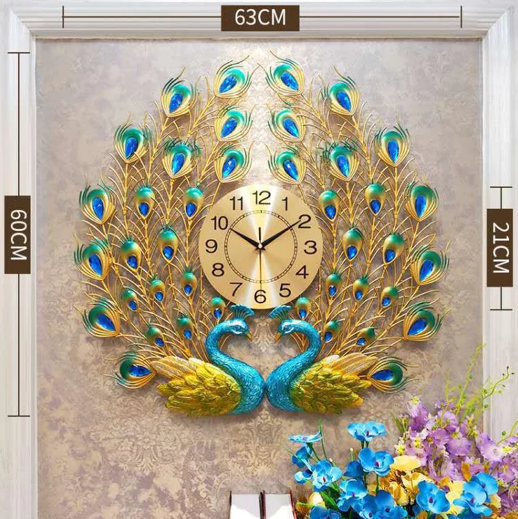 2025 New Colorful Double Peacock Wall Clock Living Room Creative Europe Light Luxury Home Fashion Simple Art Silent Quartz Clock