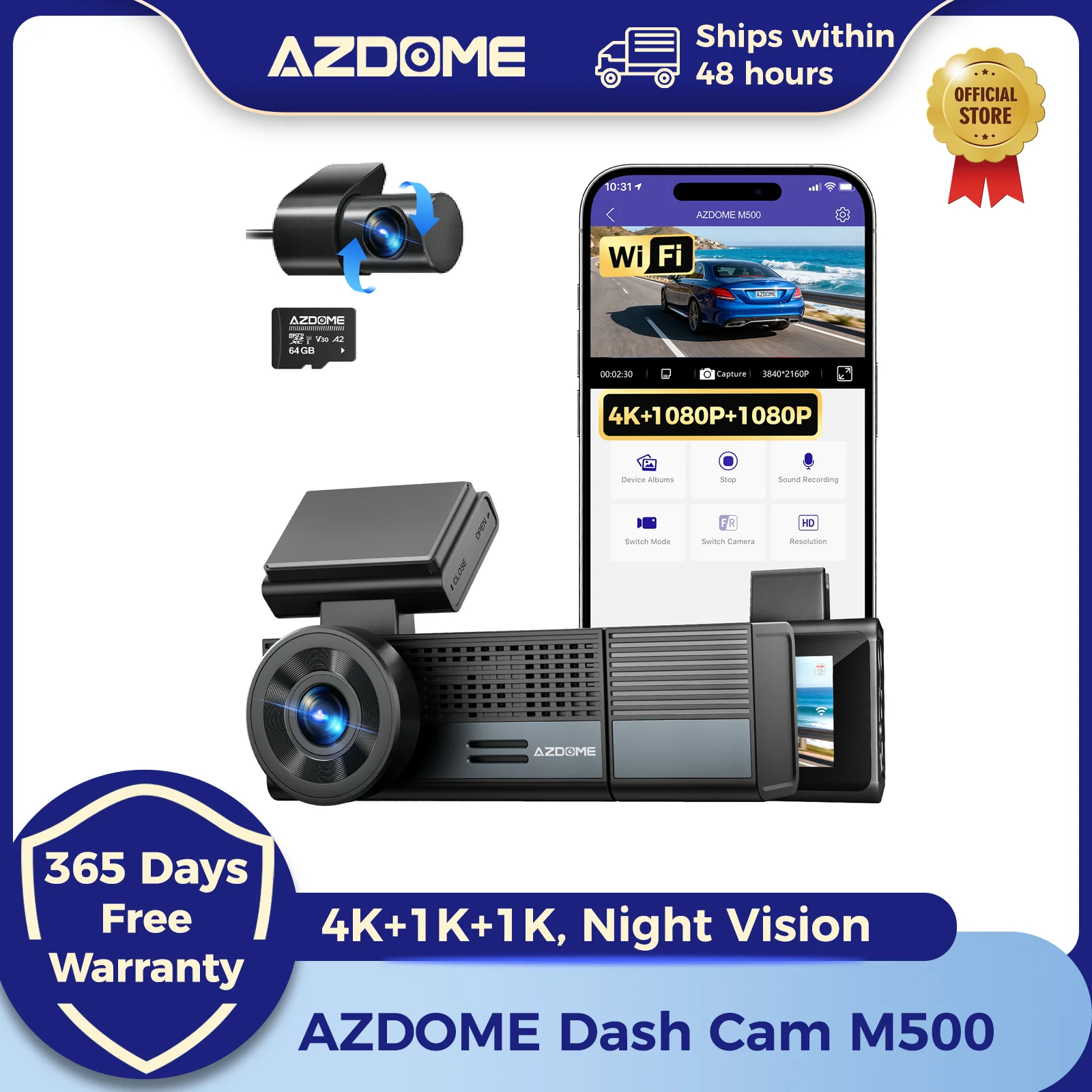 Cámara para Auto AZDOME M500 4K, DVR de 3 Canales (Frontal, Trasera e Interior) 4K+1K+1K, Visión Nocturna, Sensor G, Monitor de Estacionamiento 24H, Control por Voz