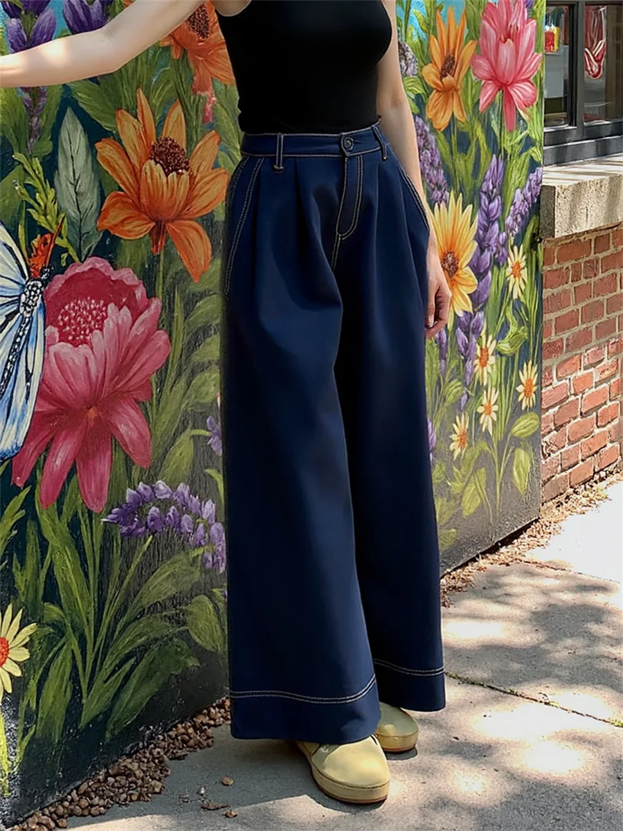 

Baggy Wide LegDenim Jeans Womens Ripped Slim Fit Elastic High Rise Straight Leg Streetwear Bleached Patchwork Pleated Button