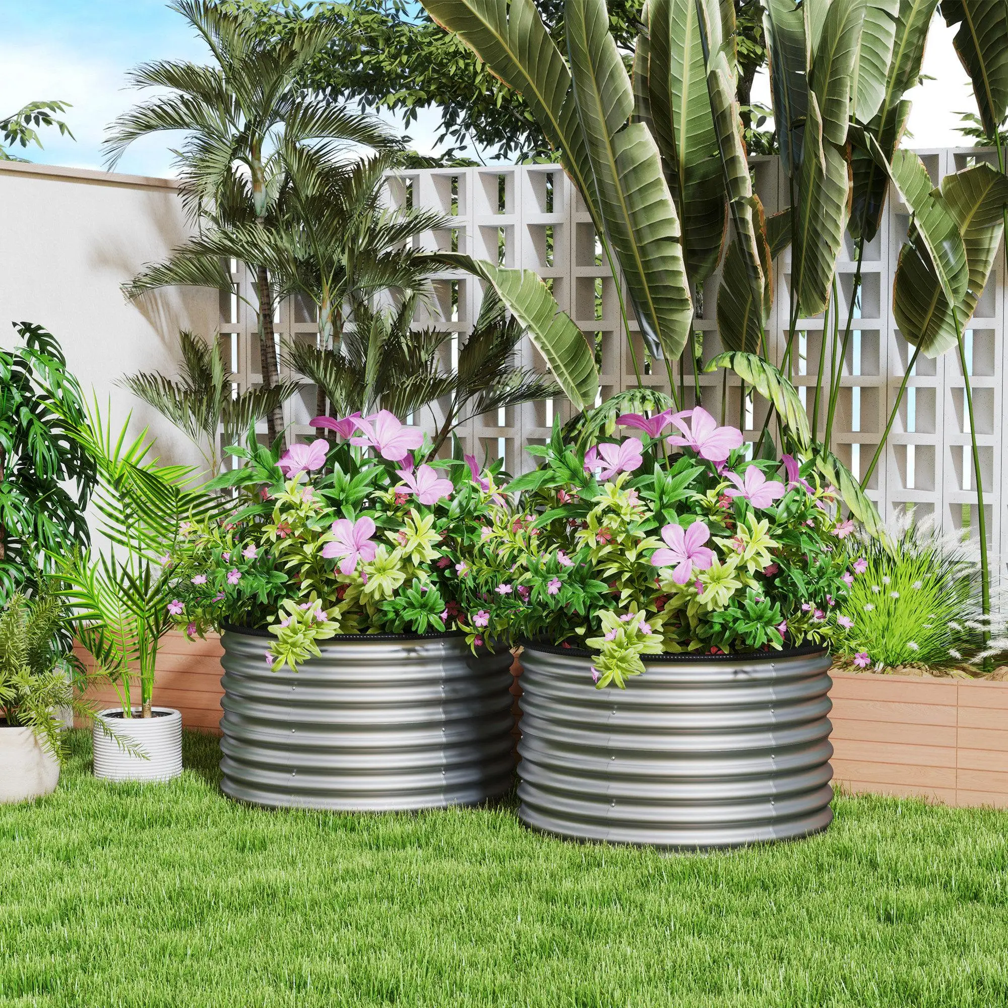 Lote de 2 Jardinieres Elevadas Alier Galvanizadas 90x56cm Plateadas, para Exterior, Drenaje Abierto, Resistentes a la Intemperie