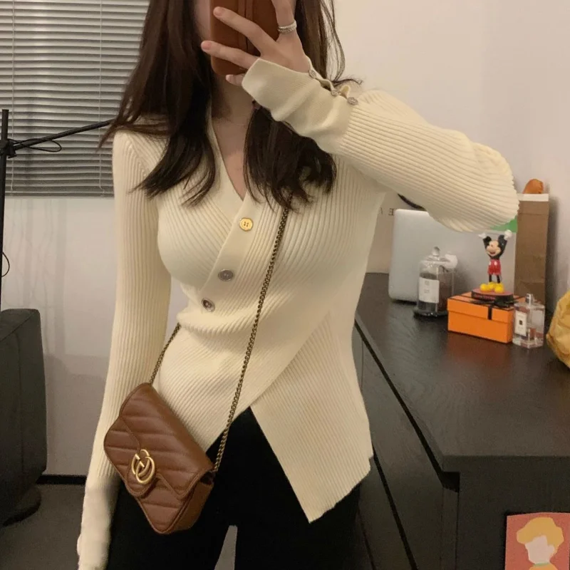Women Autumn Winter New Irregular V-neck Sweater Trendy Sweet Waist Slim Fit Pullover Knit Shirt Solid Button Long Sleeved Tops