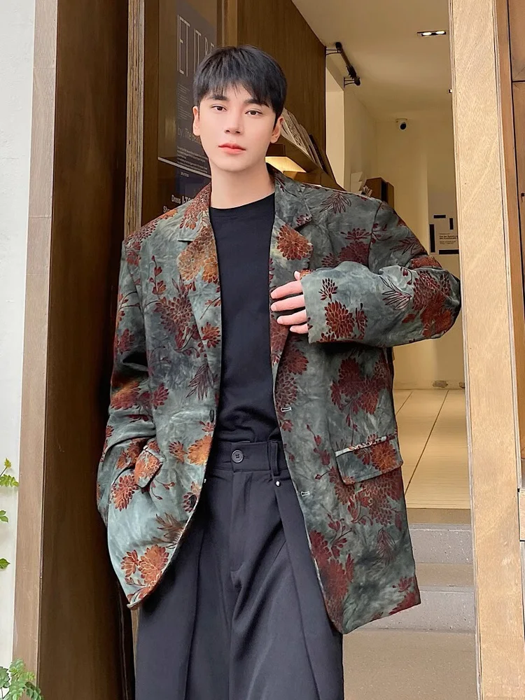 Men Flower Vintage Flocked Loose Casual Blazers Suit Jacket Women Streetwear Fashion Oversized Suits Coat Host Clothes