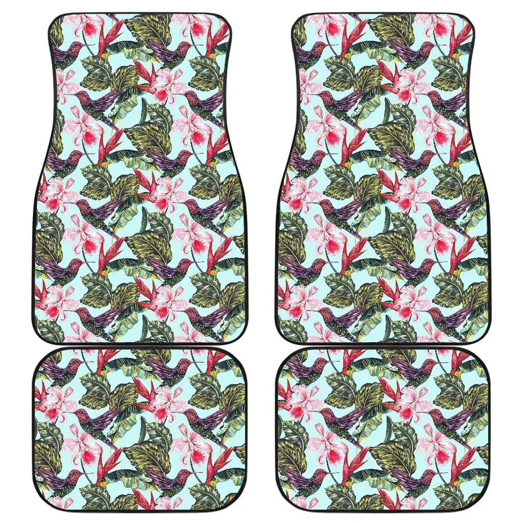 Dark Blue Floral Hummingbird Print All Protective Car Floor Mats Heavy Carpet Front and Rear Full Set 4PCs Pack for Car SUV