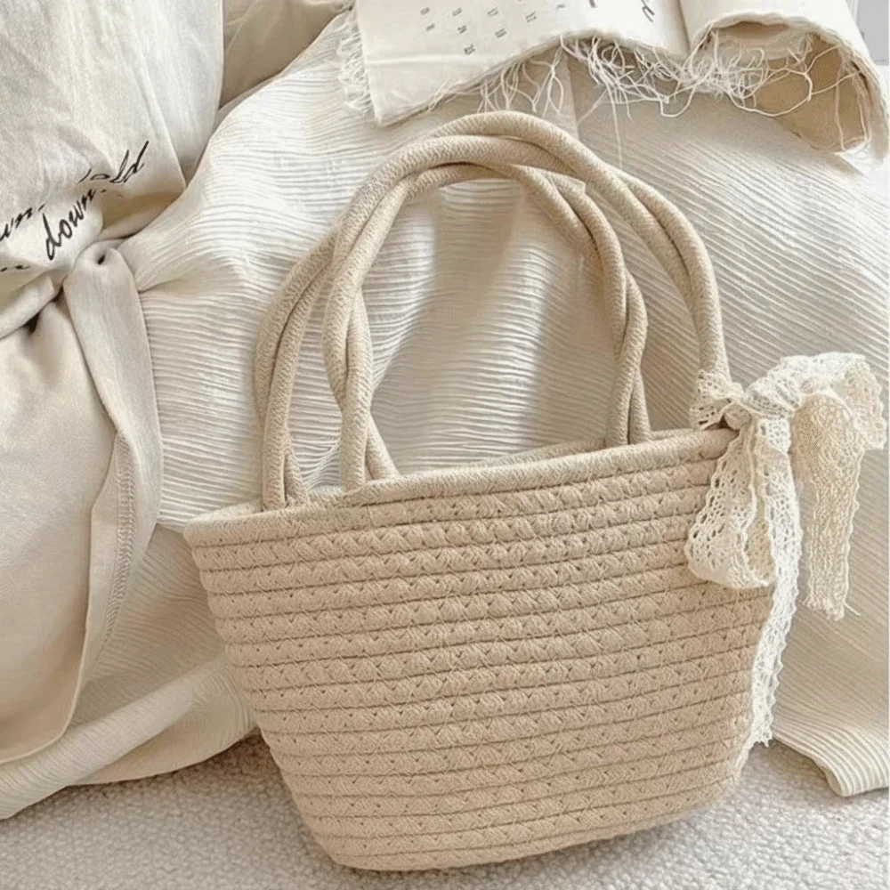 Cotton Thread Woven Cotton Rope Woven Bag Lightweight Boho Storage Basket Pure Color Bucket Shape Shopping Basket Beach Vacation