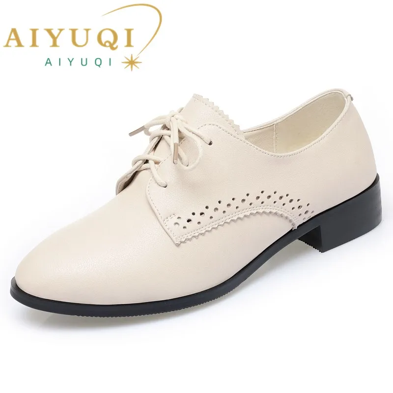 AIYUQI Women Autumn Shoes Genuine Leather 2024 New Mid Heel British Style Women Loafers Large Size 43 44 45 Lace-up Women Shoes