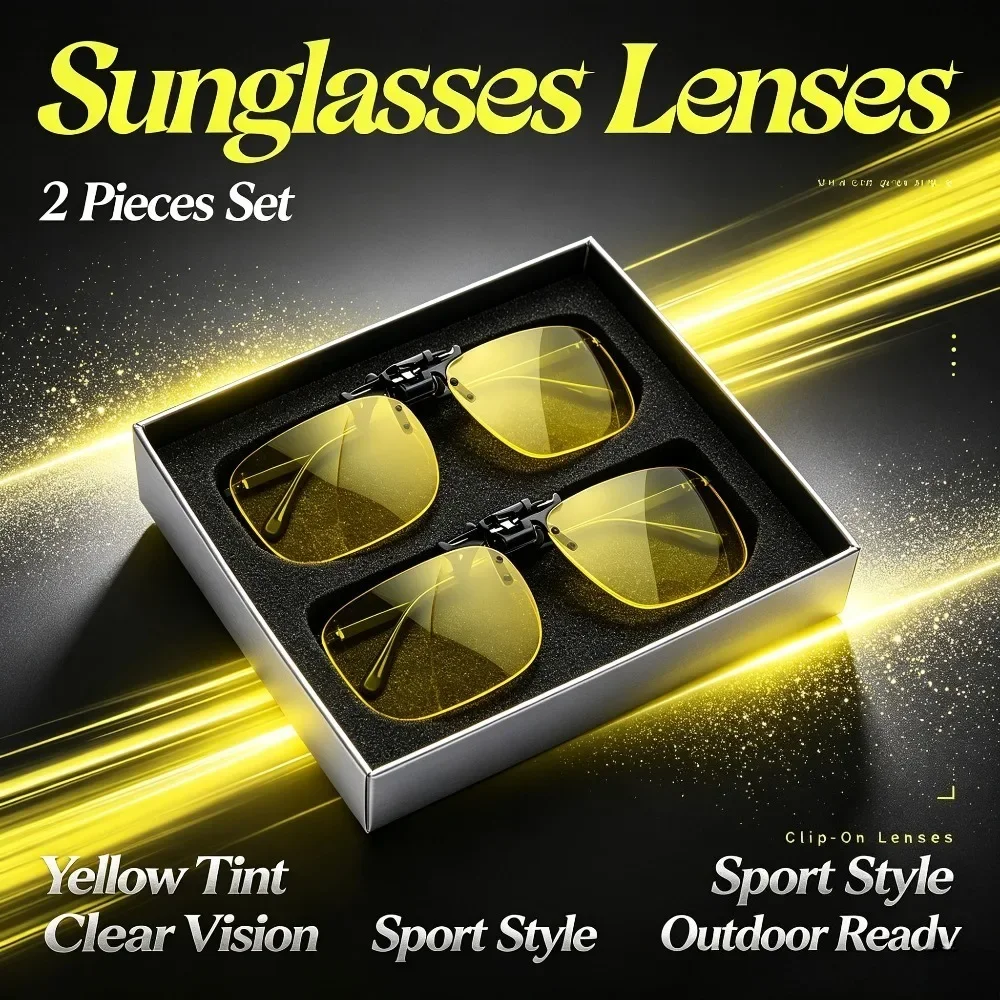 2 Sets of Clips on Sunglasses Lenses, Unisex Flip Fashion Accessories, Yellow Lenses with Black Clips, Men's Fashion Decorative Accessories, Women's Party Daily Matching