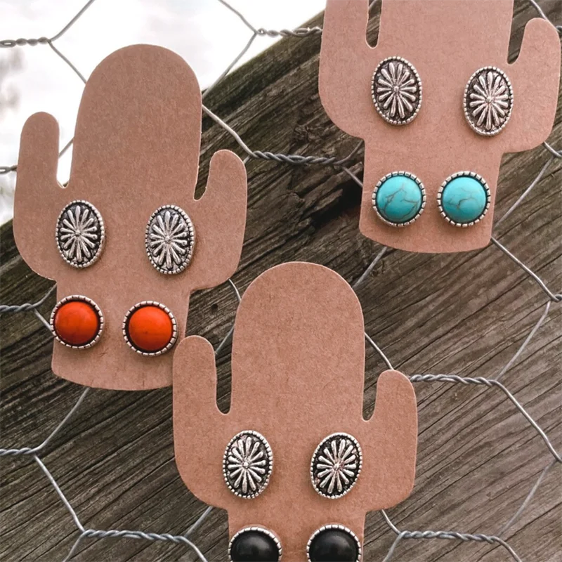 Western Stud Set - Navajo Turquoise and Concho Stud Earrings Pack Stamped Metal Tribal Print Jewelry Punchy Cowgirl Accessoires