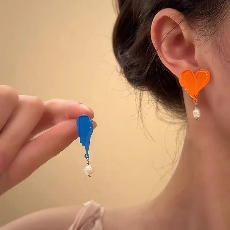 French Retro Oil Painting Colorful Asymmetrical Pearl Drop Earrings For Women Girls Unique Fashion Romantic Jewelry Holiday Gift