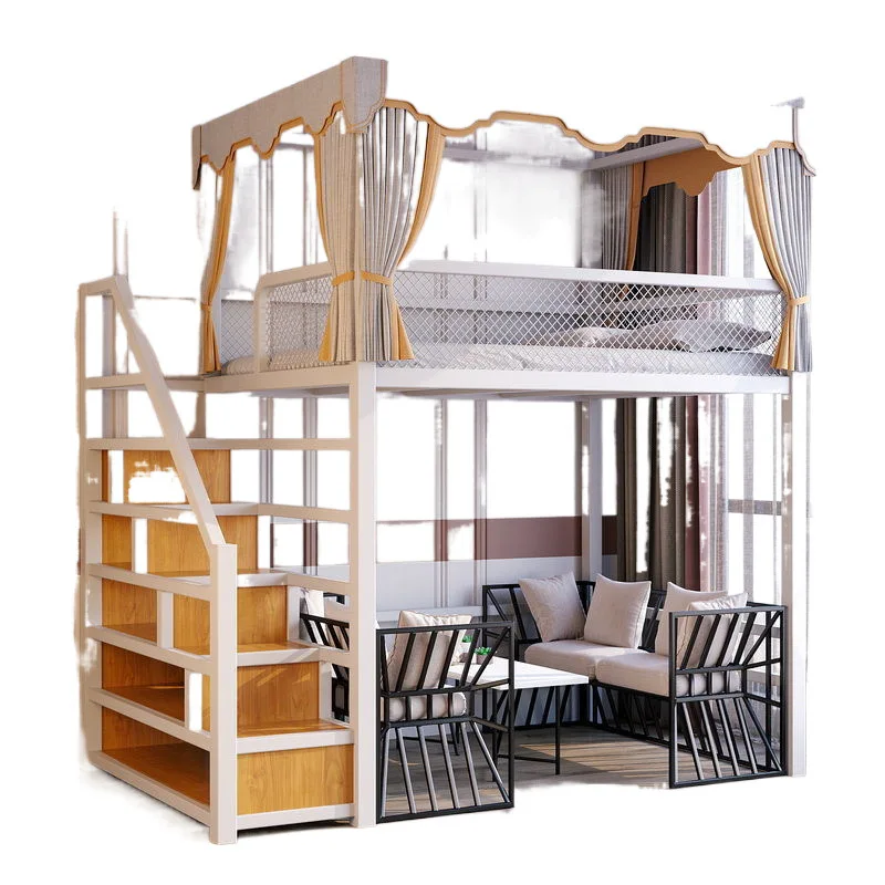 High and low iron frame bed Elevated Empty ladder cabinet Shelf Household duplex second floor Bed pavilion