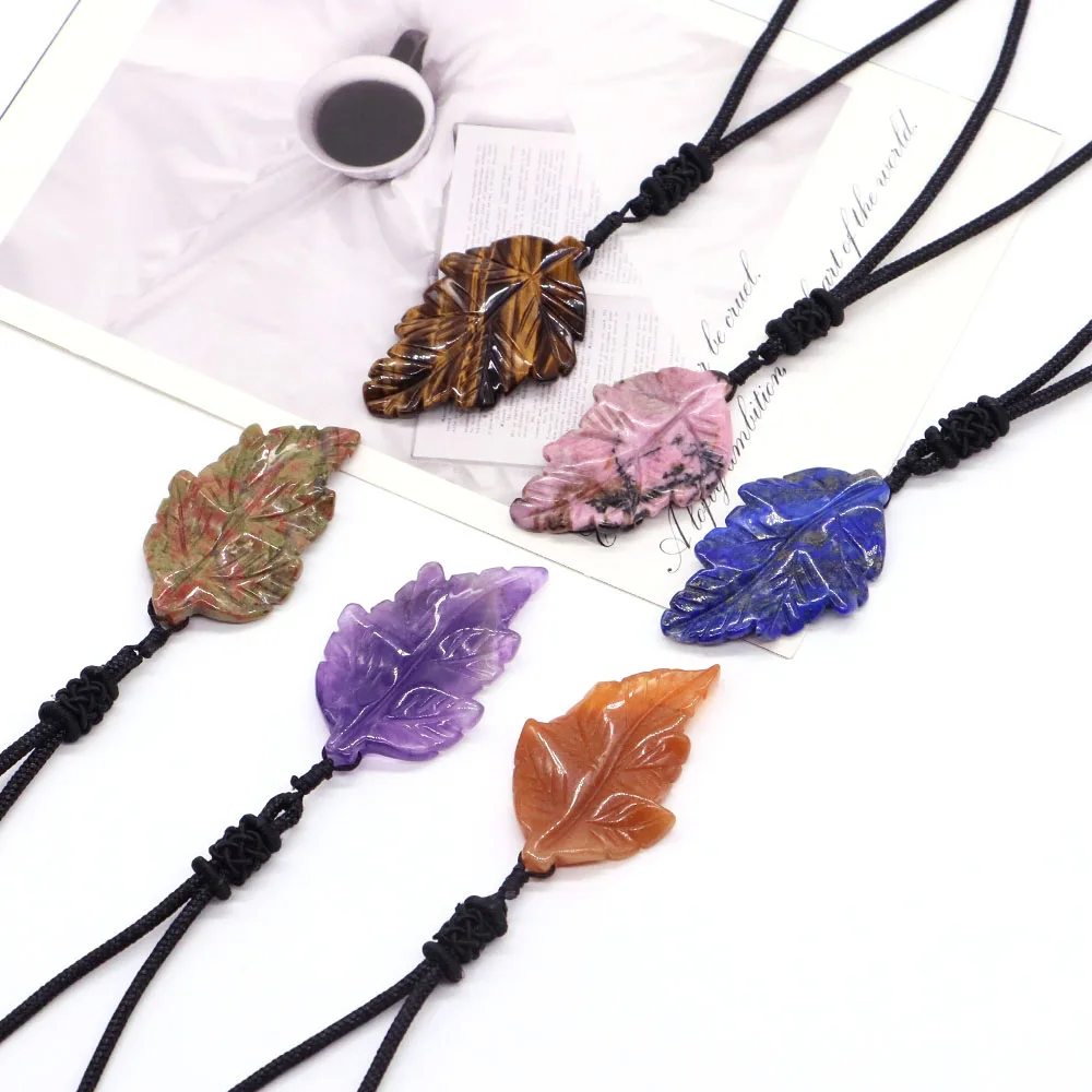 Crystal Leaf Shape Pendant Necklace Natural Healing Stone Amethyst Reiki Gems Quartz Handmade Jewelry For Birthday Wedding Gifts