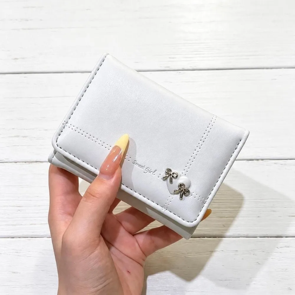 Sweet Large Capacity Love Bow Wallet Multi-card Slot PU Leather Tri-fold Short Wallet Compact Foldable Card Holder Student