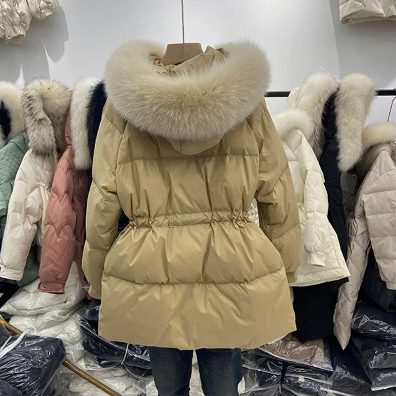 Winter Natural Fur Collar Women Down Jacket Light Warm Coat Female Jacket Women With Belt Loose Drawstring Hooded Parka Overcoat