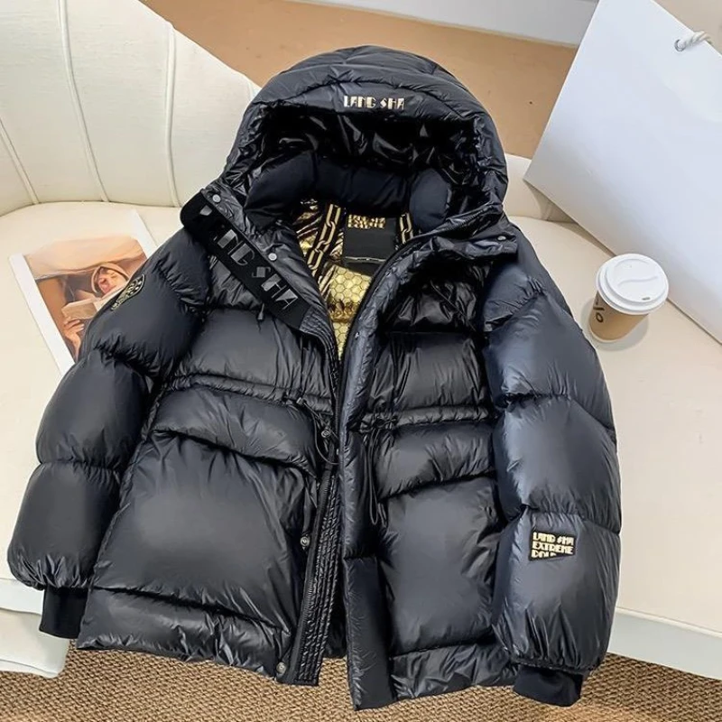 Winter Women's Down Coat Waisted Hooded Windproof and Warm Design 2024 New High-grade Black Gold Glossy Down Coat Casual Parka