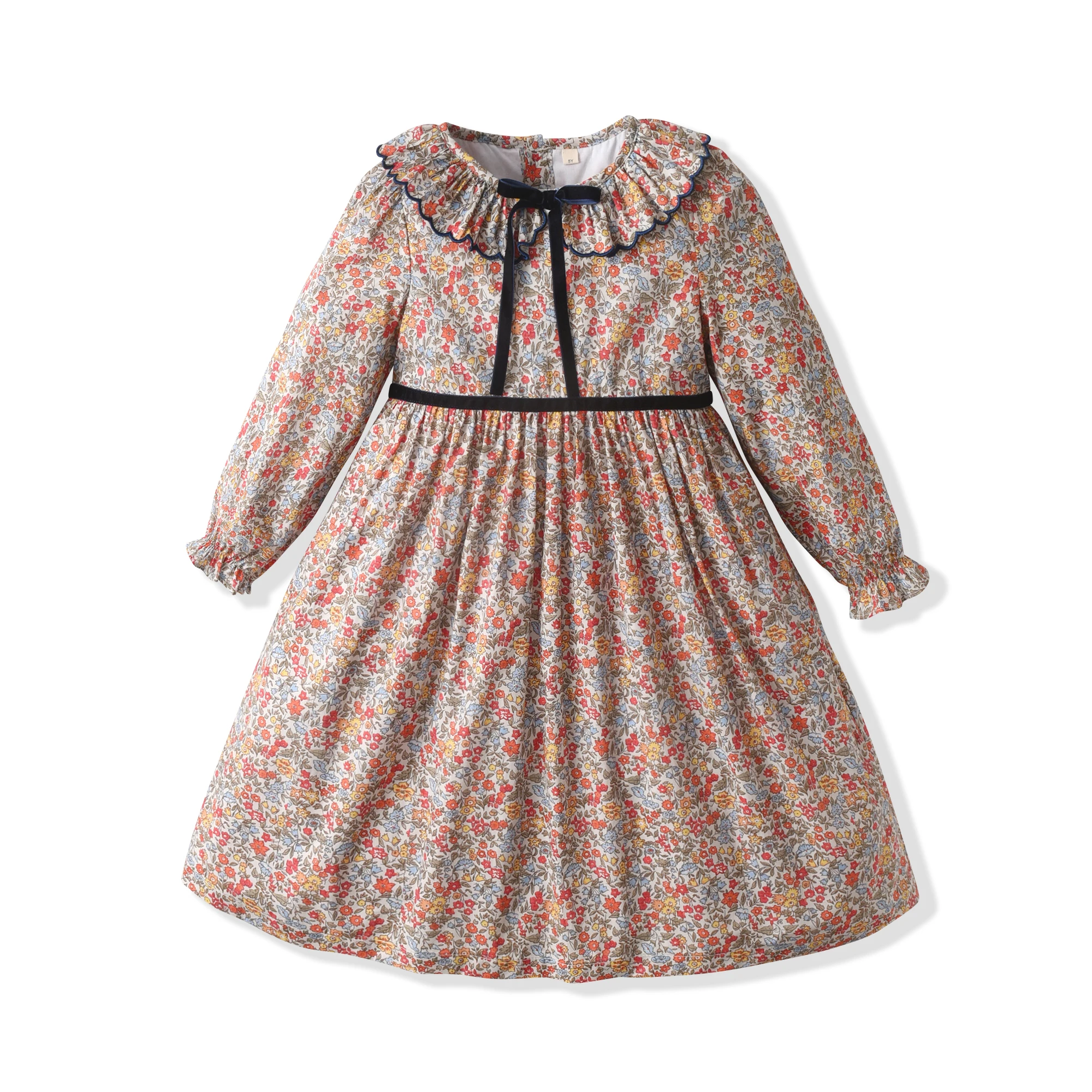 

100% Cotton Floral Long Sleeve Velvet Bowknot Girls Dresses Spring Ruffle Design Collar Baby Luxury Floral Holiday Dress