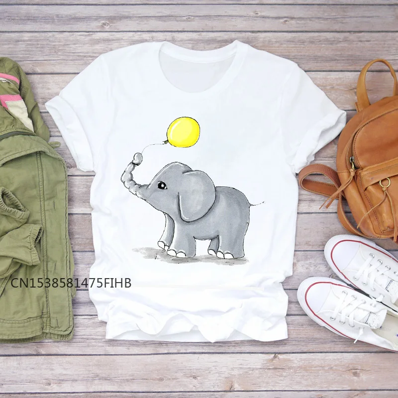 Women Cartoon Balloon Elephant Funny Cute Fashion 90s Lady T-Shirts Premium Top Womens T Shirt Ladies Graphic Female Tee T-Shirt